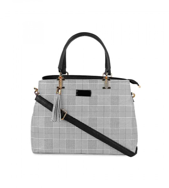 Black & White Checked Structured Handheld Bag with Wallet