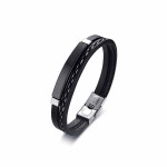 Men Black & Silver-Toned Stainless Steel Wrist Leather Wraparound Bracelet